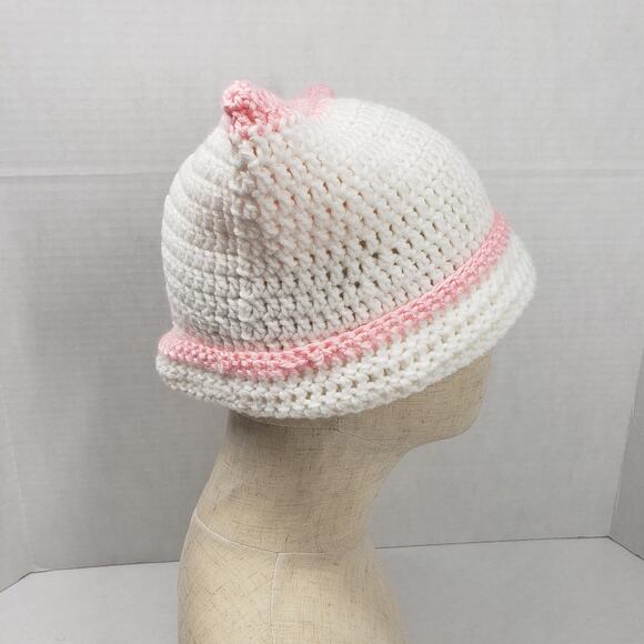 Cat Ear Beanie Crochet Hat White Pink Stripe Handmade Knit Kitty Soft Winter - Picture 2 of 16